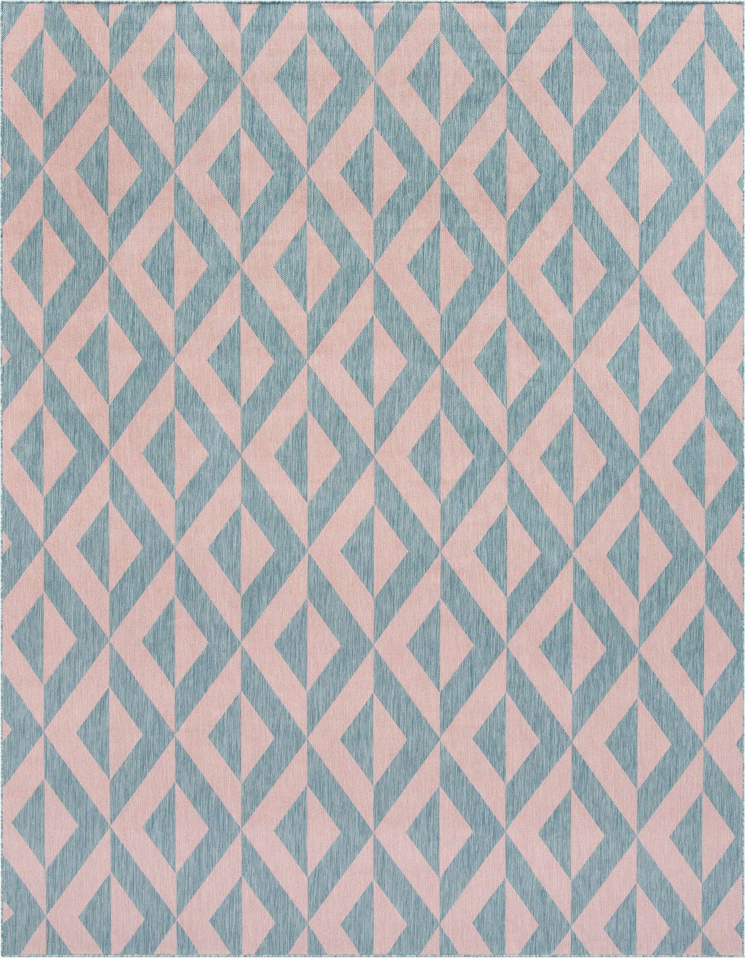 A 10' 8 x 10' 8 square Jill Zarin Outdoor rug featuring a modern geometric trellis pattern in pink and aqua.