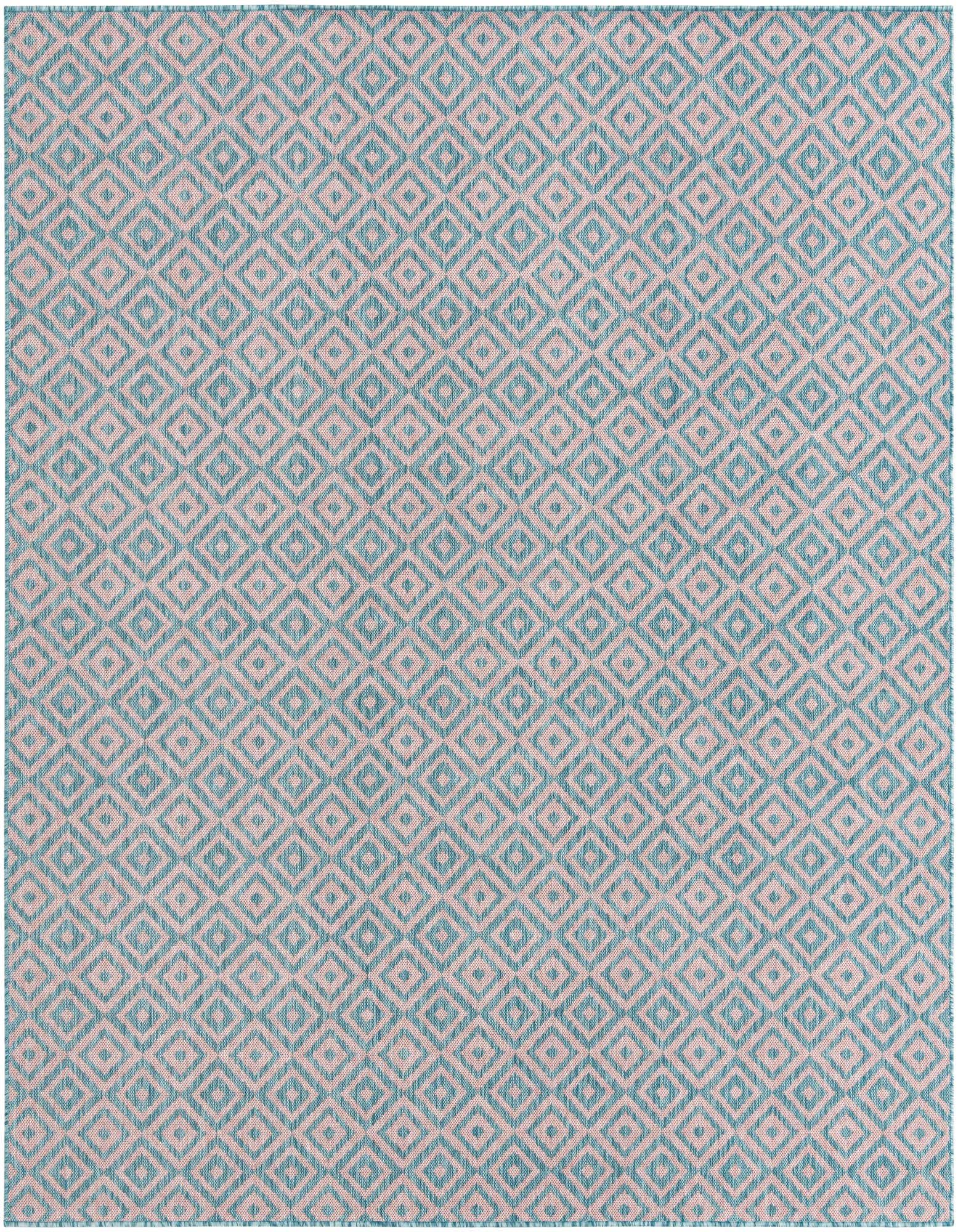 A 7' 10 x 7' 10 square Jill Zarin Outdoor rug featuring a repeating pink and aqua trellis pattern, ideal for a patio.