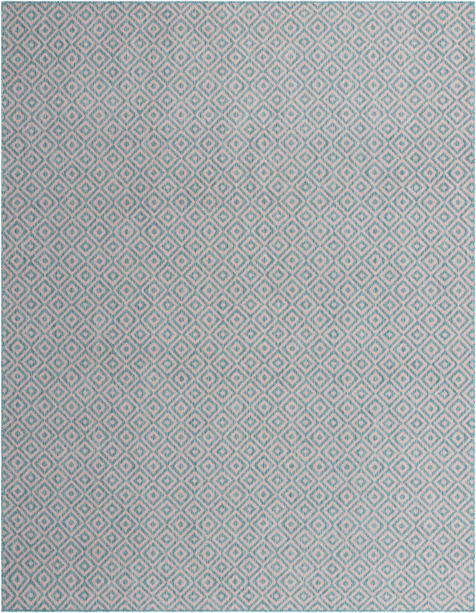 A 10' 8 x 10' 8 square Jill Zarin Outdoor rug featuring a repeating pink and aqua Bohemian trellis pattern.