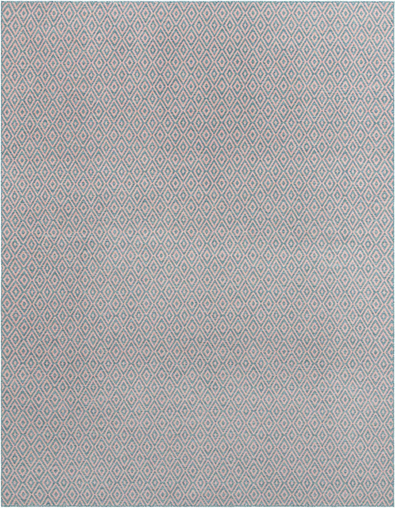 A 13' square Jill Zarin Outdoor rug featuring a repeating pink and aqua geometric trellis pattern, suitable for a patio.