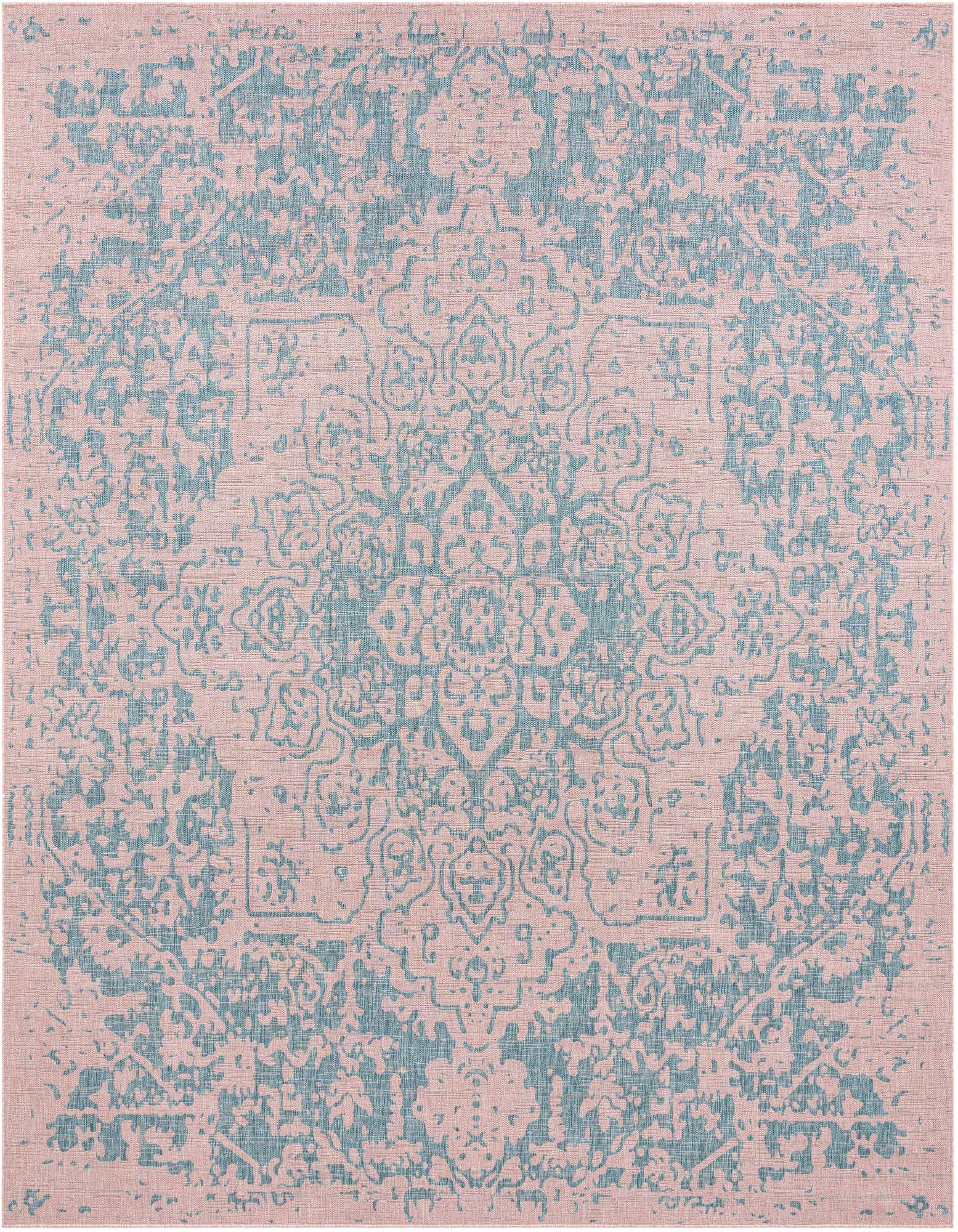 A 13' square pink and aqua indoor/outdoor rug with a distressed traditional medallion pattern.