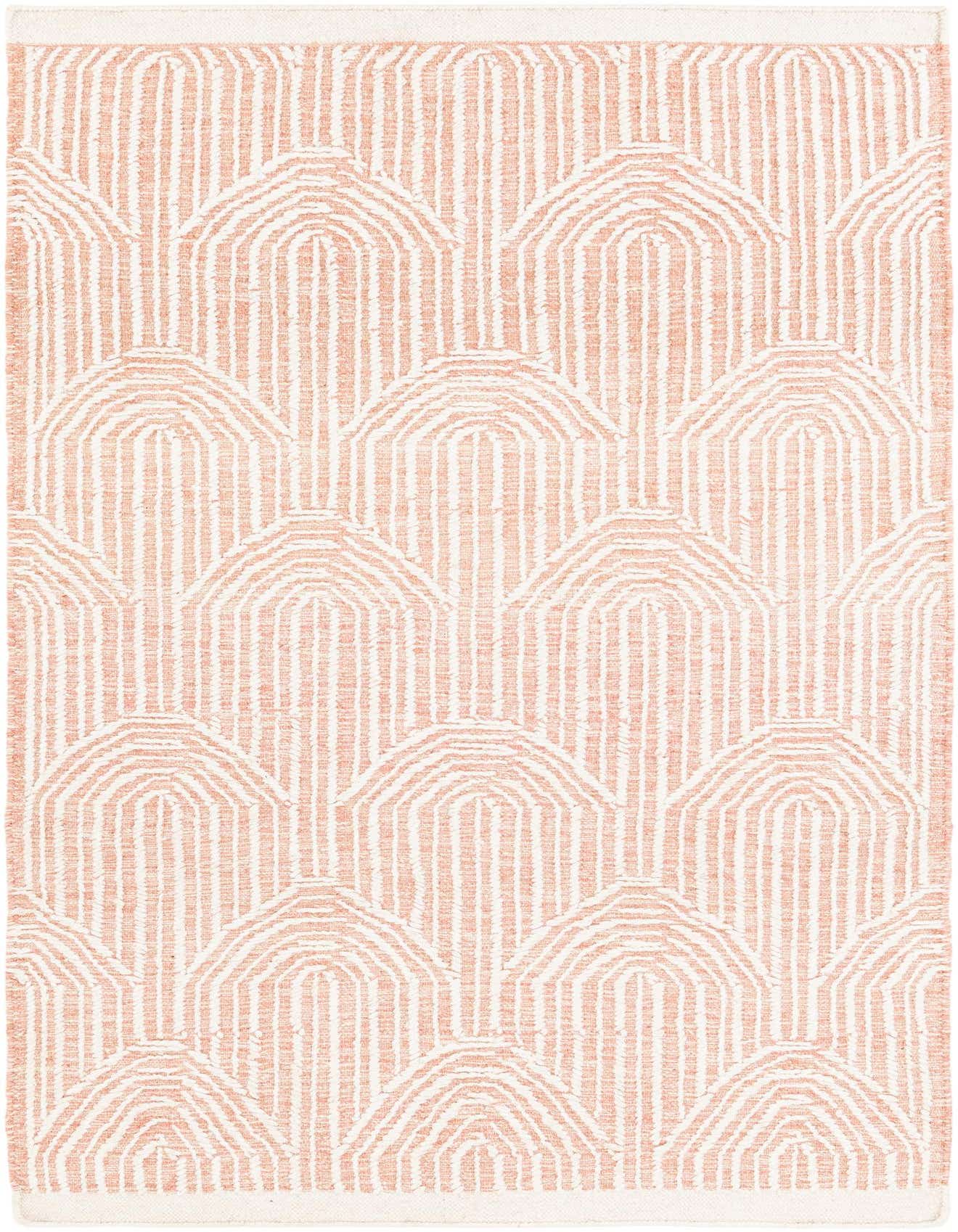 A 4x6 rectangular indoor rug with a modern abstract pattern in pink and white, featuring repeating arch shapes.