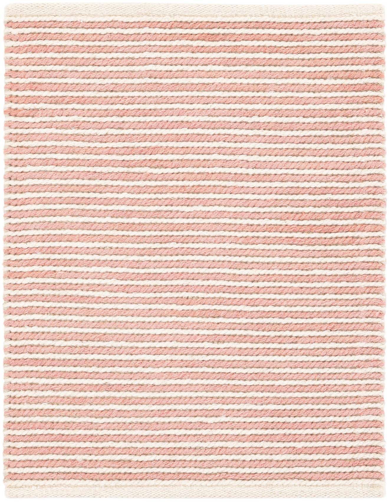A 2x3 rectangular modern rug with alternating horizontal stripes of soft pink and off-white wool and cotton.