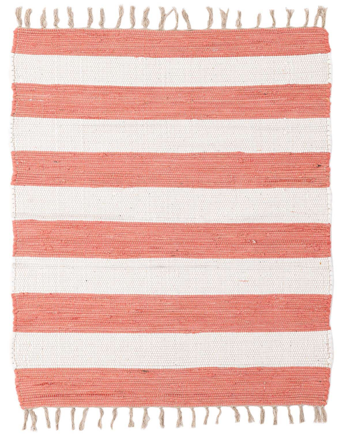 A 3x5 rectangular Chindi Cotton rug featuring wide horizontal stripes in coral pink and white, with natural fringe ends.