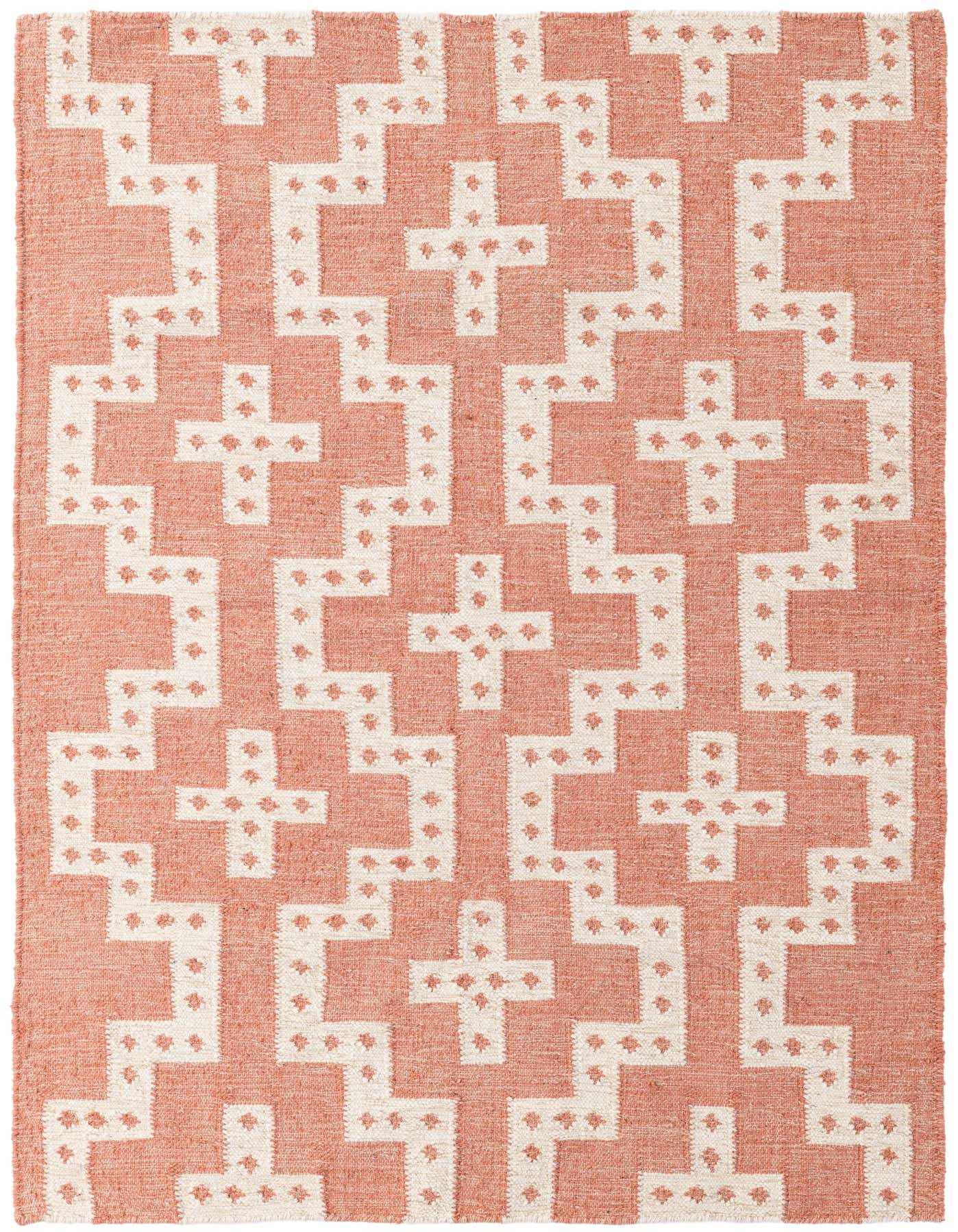 A 4x6 rectangular pink and white tribal flatweave wool rug with a geometric pattern, suitable for various indoor rooms.