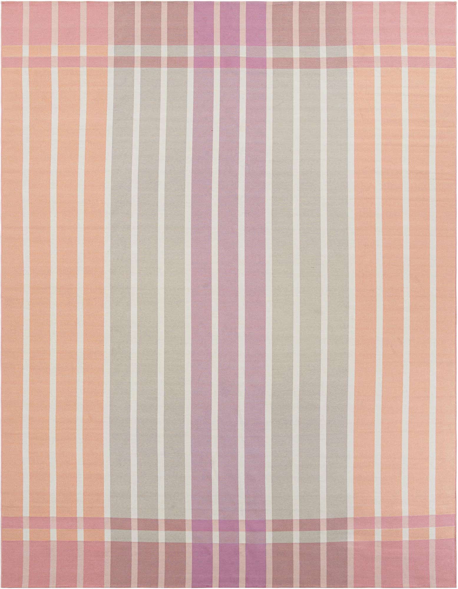 A 10x13 rectangular Rugs.com Outdoor Ribbon rug featuring modern pink, purple, and beige stripes with a plaid border.