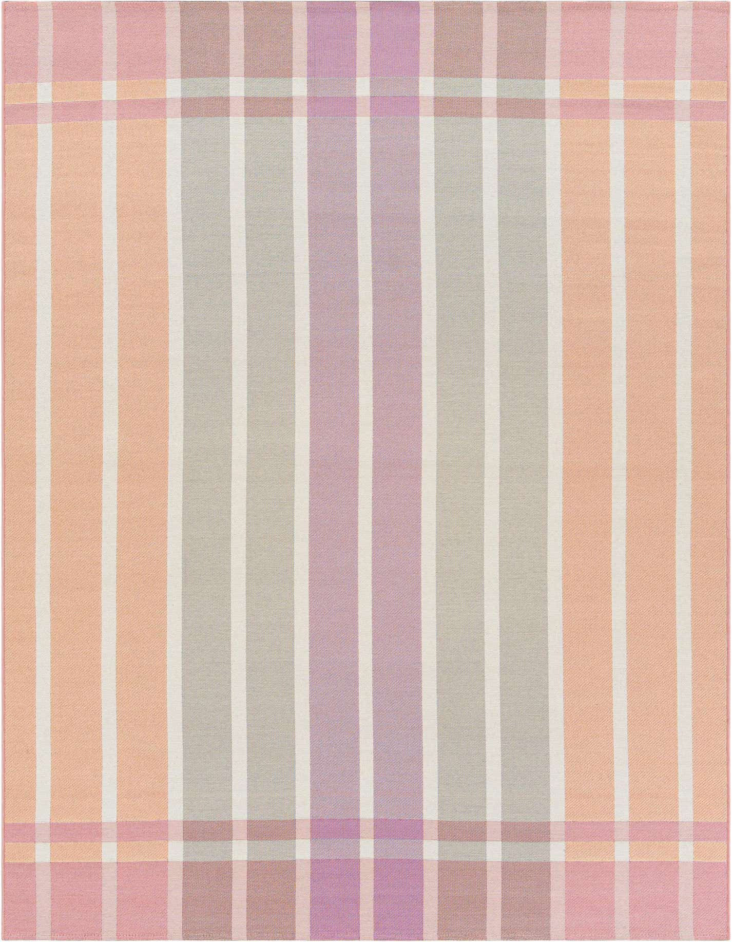 A 6x9 rectangular rug featuring a modern stripe pattern in shades of pink, purple, and light gray, suitable for indoor or outdoor use.