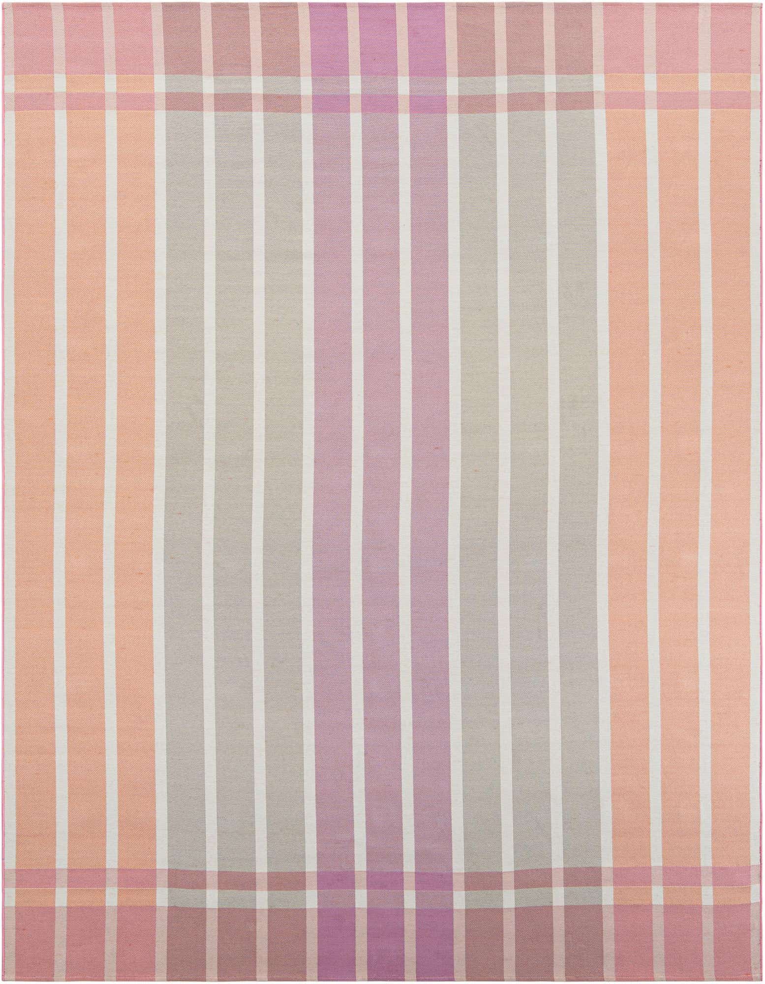 A 9x12 rectangular Rugs.com Outdoor Ribbon rug featuring modern vertical stripes in varying shades of pink, purple, and beige.