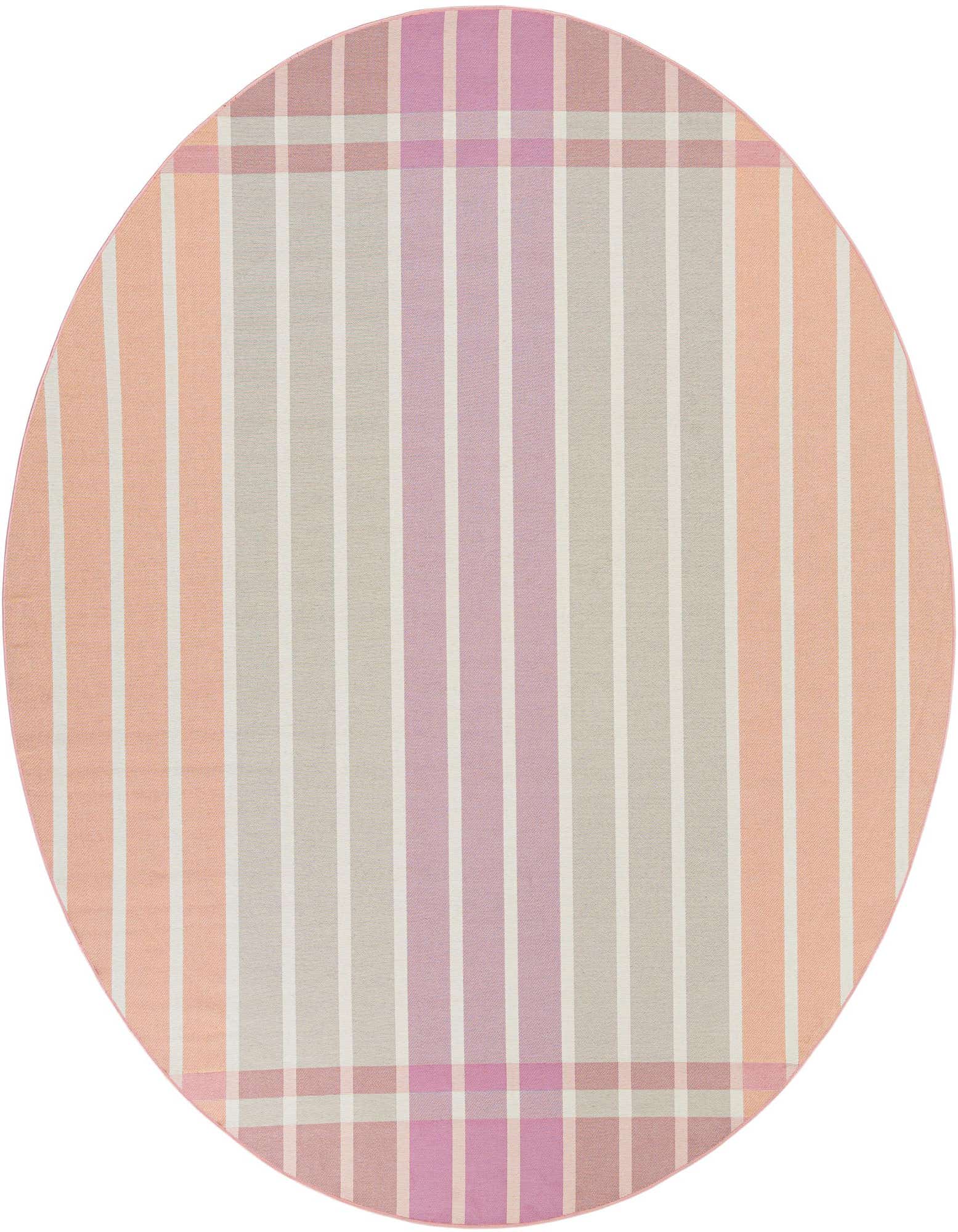 A 10-foot round rug featuring a modern stripe pattern in shades of pink, purple, and beige, suitable for indoor or outdoor use.