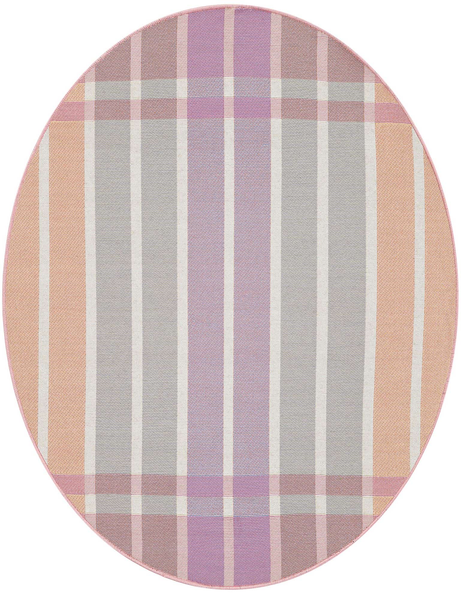 A 4' round Rugs.com Outdoor Ribbon rug featuring a modern plaid pattern with pink, purple, and grey stripes.