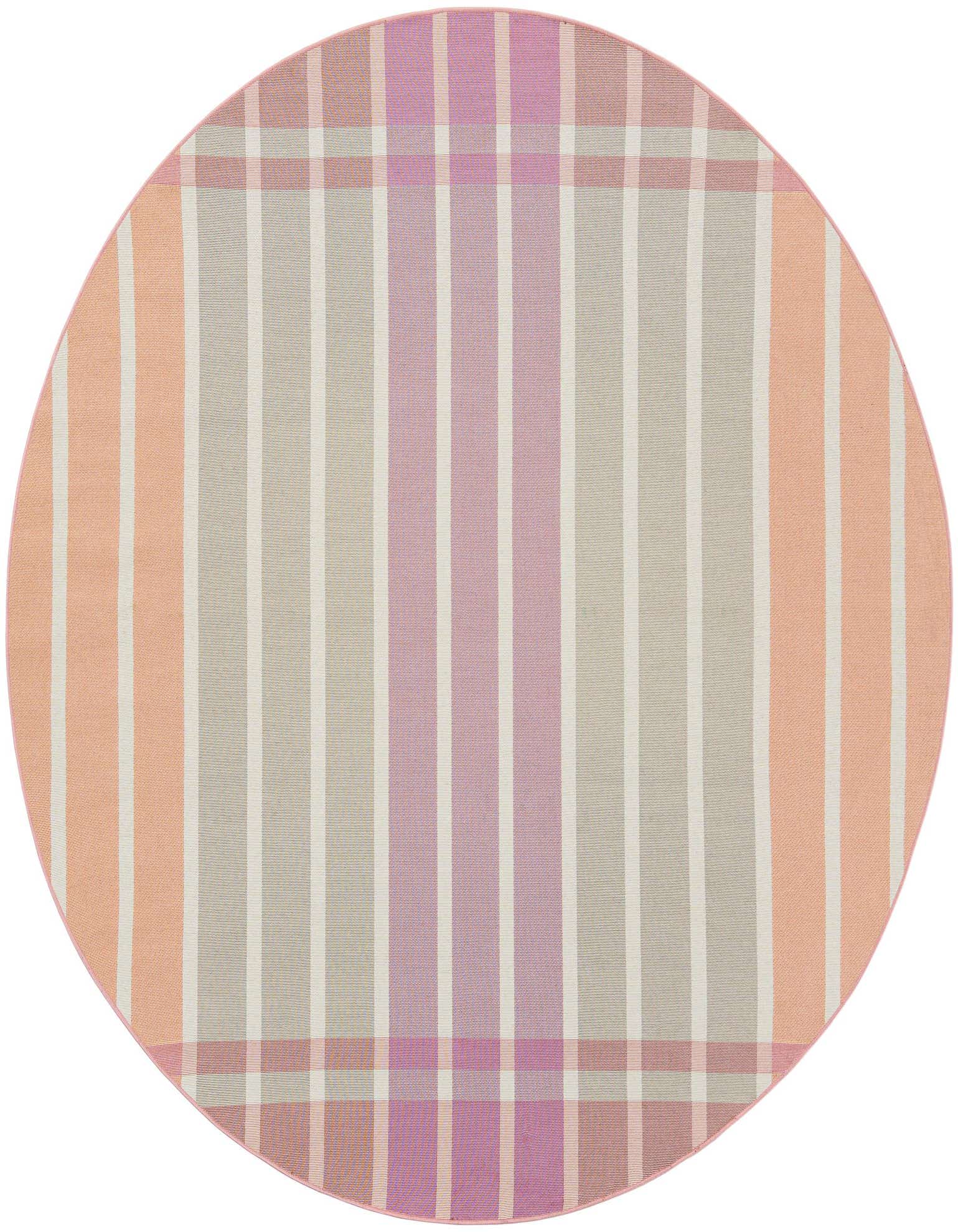 A round, modern outdoor rug featuring vertical stripes in shades of pink, purple, and light gray, with horizontal stripes at the top and bottom edges.