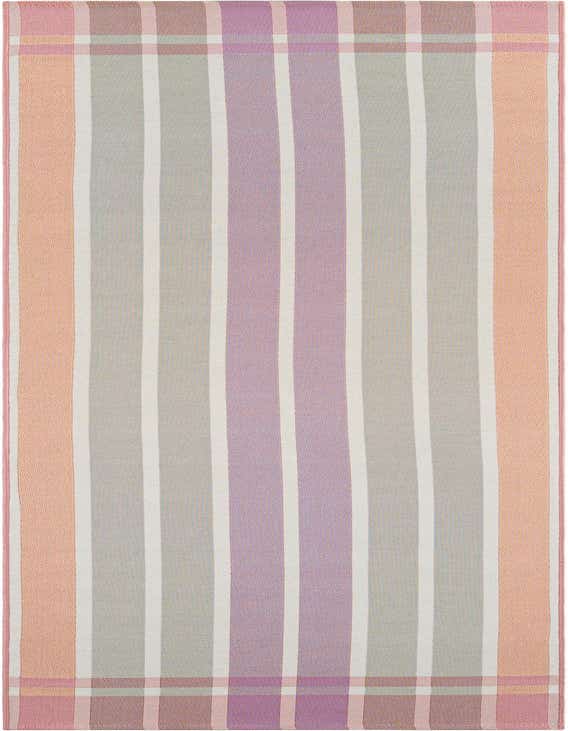 A 10 ft runner rug featuring modern vertical stripes in shades of pink, purple, and gray, suitable for a hallway or patio.