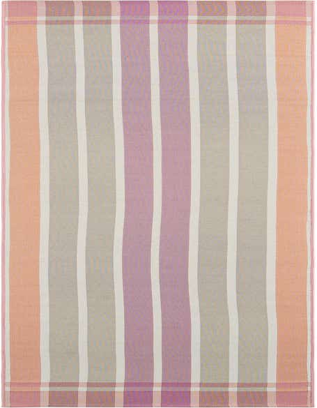 A 12 ft runner rug with modern vertical stripes in shades of pink, purple, and gray, suitable for hallways or patios.