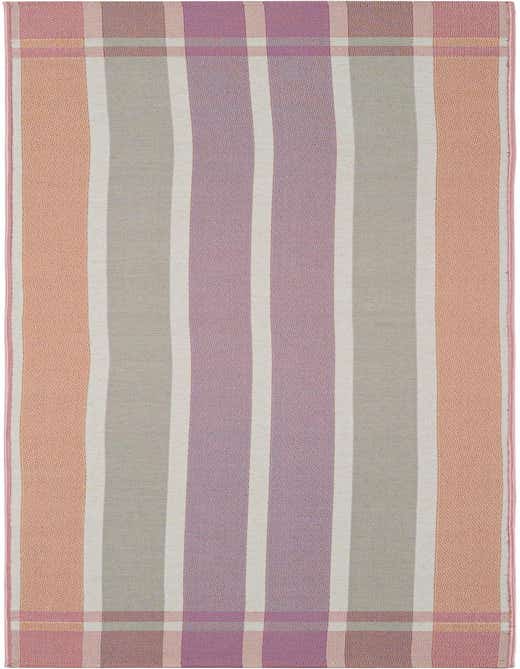 8 ft runner rug with modern pink, purple, and beige stripes, suitable for a hallway or patio.