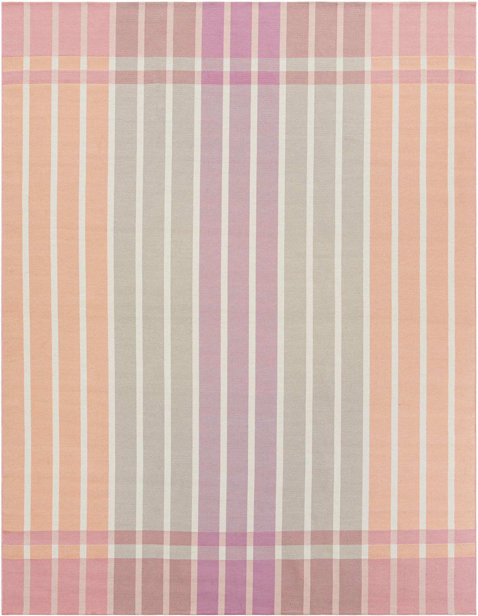 A 10' square modern stripe rug in shades of pink, purple, and peach with thin white vertical lines, suitable for a patio.
