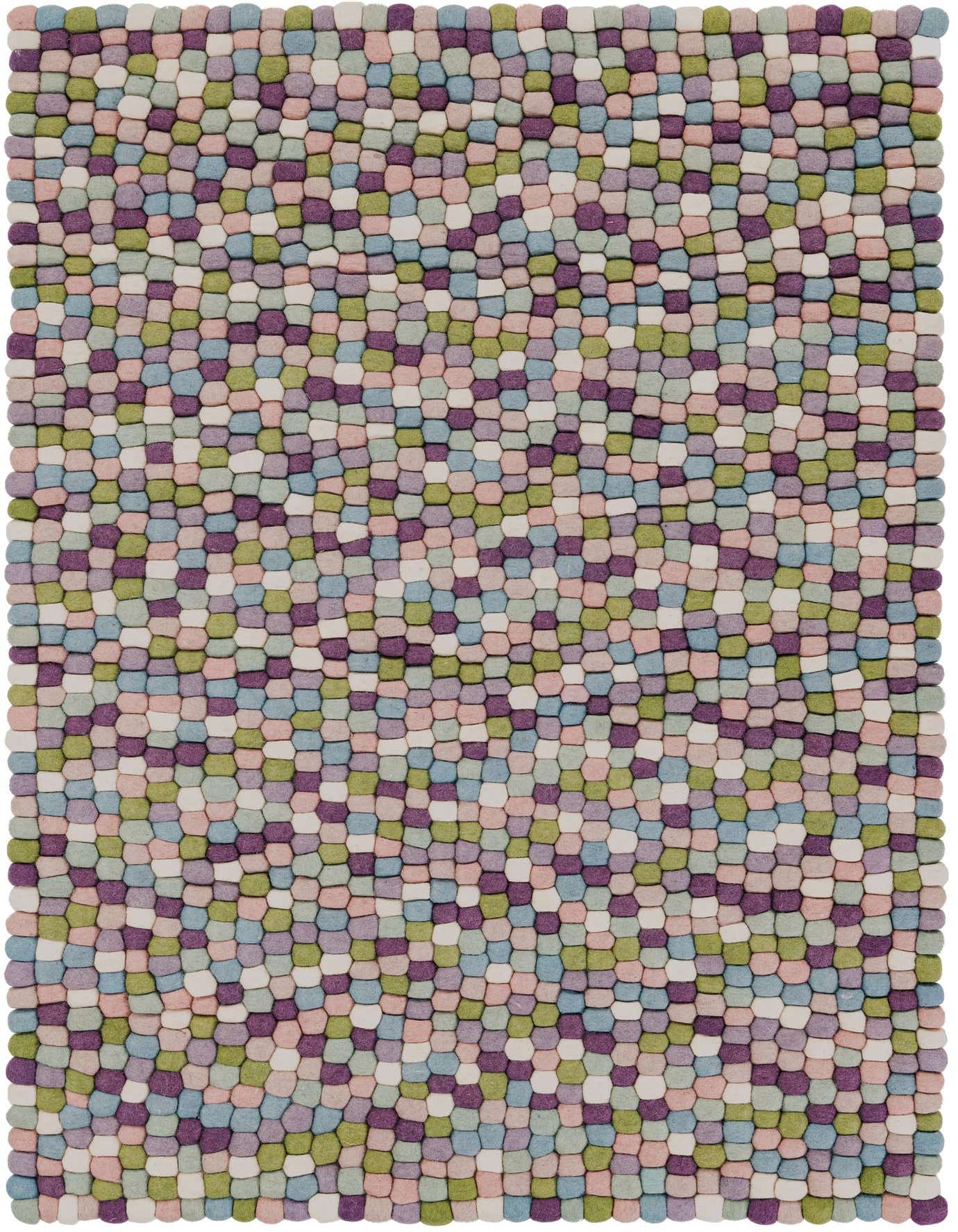 A 4x6 rectangular Felt Ball rug featuring a modern, abstract pattern of varied pink, purple, green, and blue felted wool balls.