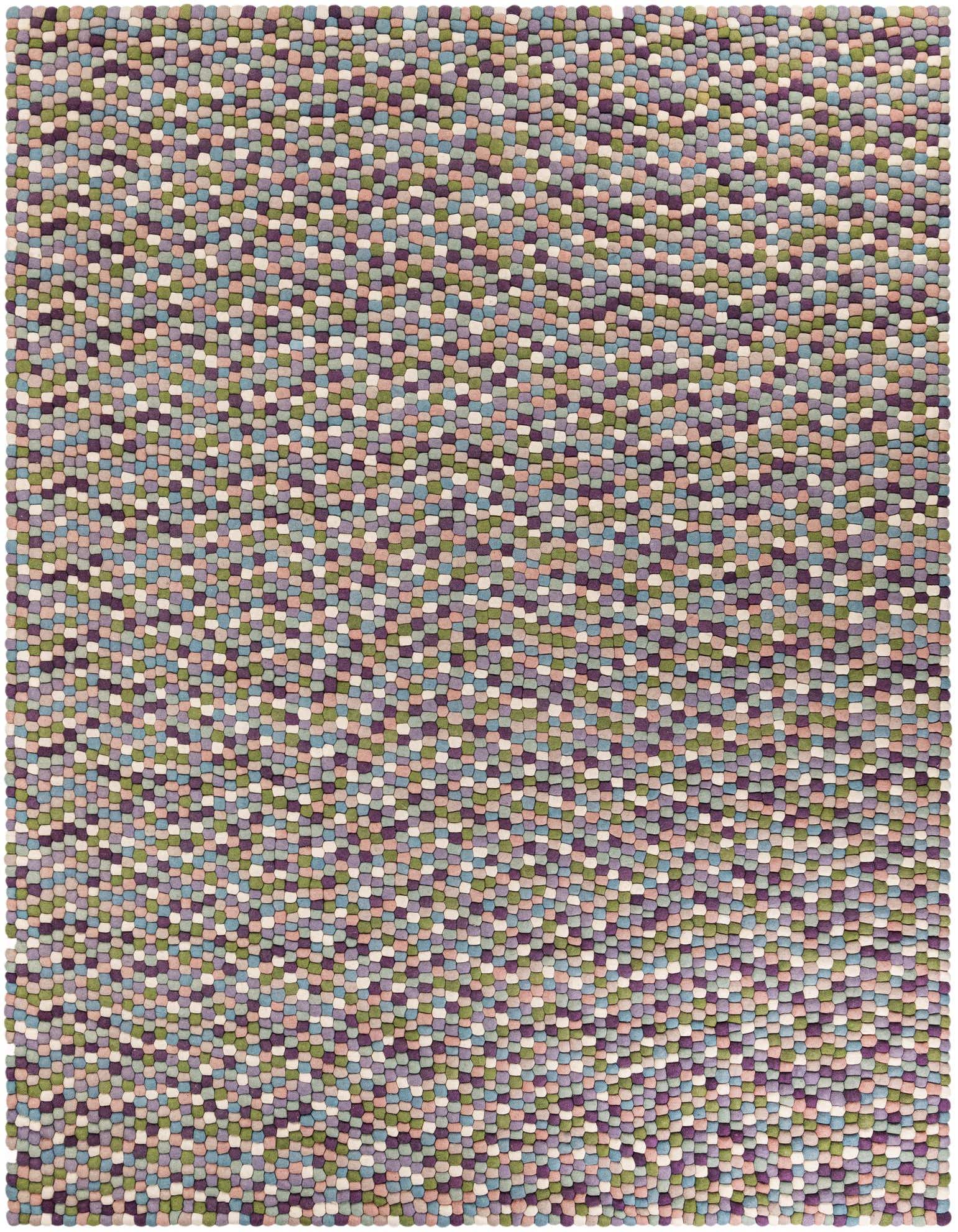 A 9x12 rectangular Felt Ball rug featuring a dense, textured shag pile in a mosaic of pink, purple, green, and blue wool felt balls.