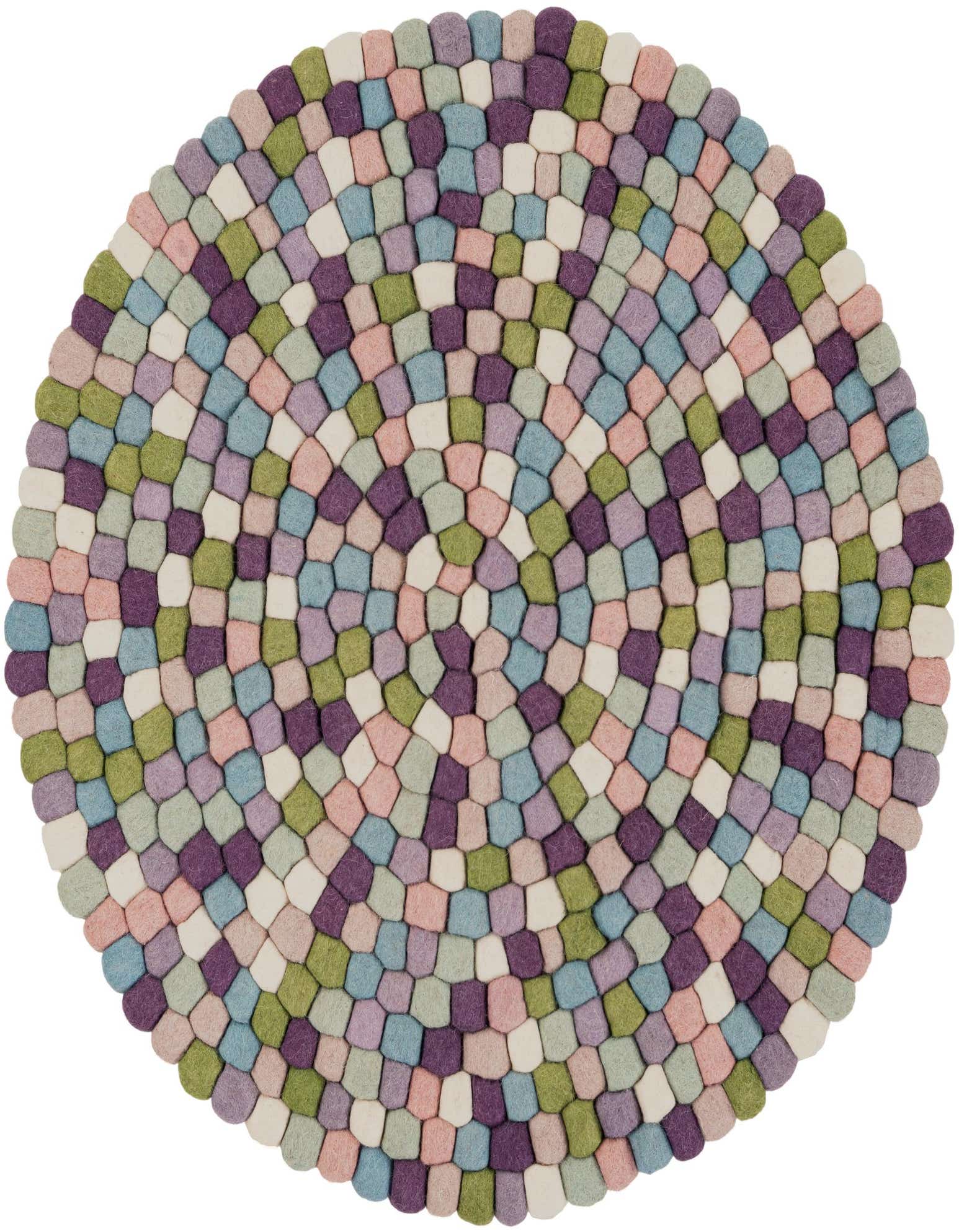 A round, modern felt ball rug in shades of pink, purple, blue, green, and cream, creating a textured, colorful surface.