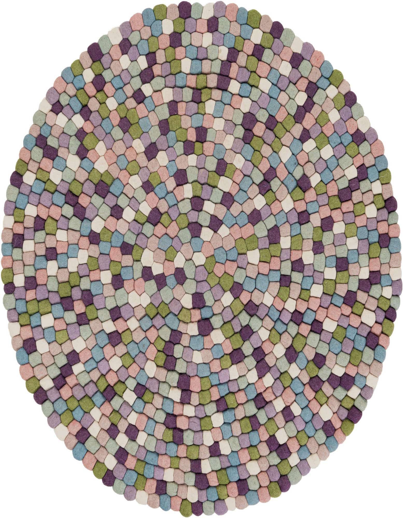 A 4' 1 round Felt Ball rug from Rugs.com, featuring a modern, abstract pattern of pink, purple, green, and blue wool felt balls creating a textured, shag pile.