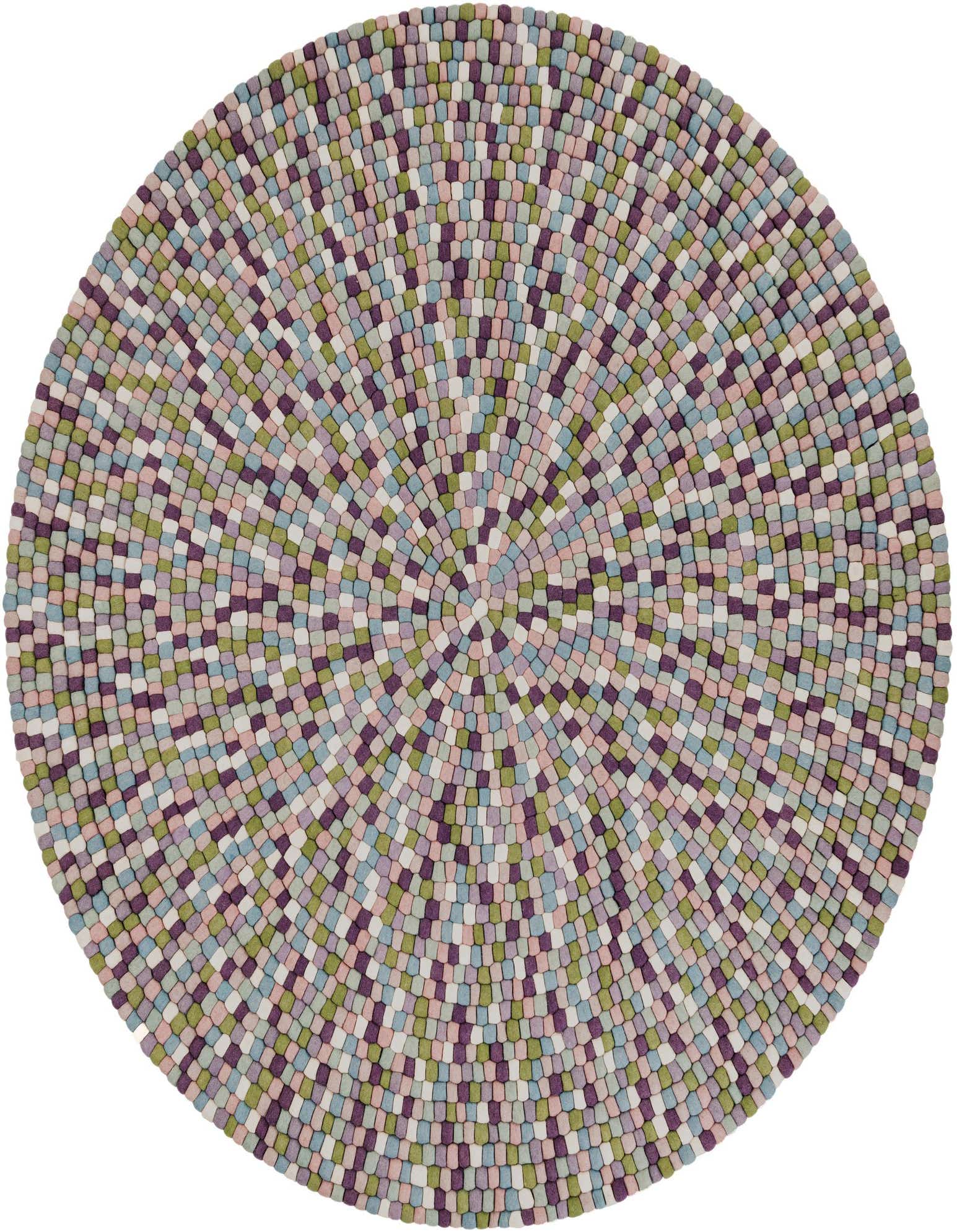 A round, textured rug made of colorful felt balls in shades of pink, purple, green, and blue, arranged in a concentric pattern.