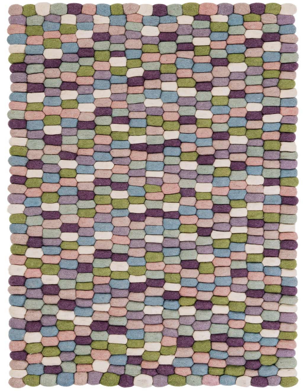 A 4 ft runner rug from the Felt Ball collection, featuring a modern abstract pattern of soft pink, purple, blue, green, and white felted wool balls.