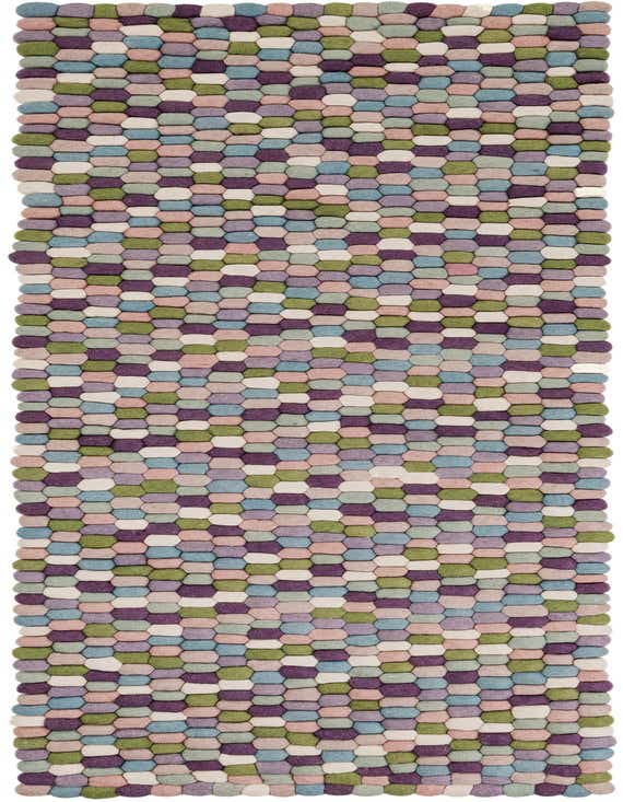 A vibrant 8 ft runner rug made of colorful felted wool balls in shades of pink, purple, green, and blue, creating a textured, modern look.