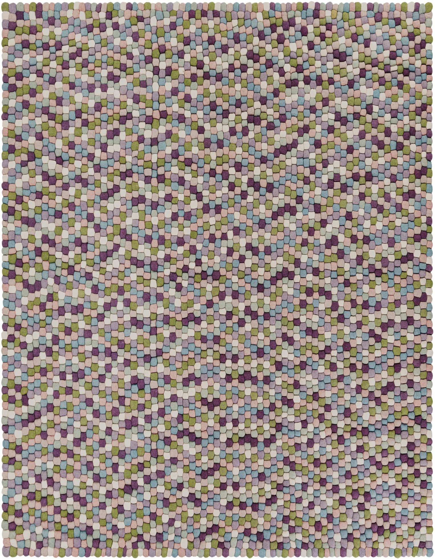 A square 7' 10 x 7' 10 Felt Ball rug featuring a modern, abstract pattern of pink, purple, green, and blue wool felted balls.