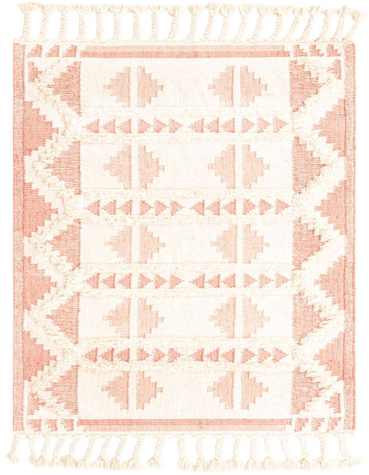 A 4x6 rectangular Rugs.com Arizona rug featuring a tribal and modern stripe pattern in pinks and whites with shag texture and tassels.