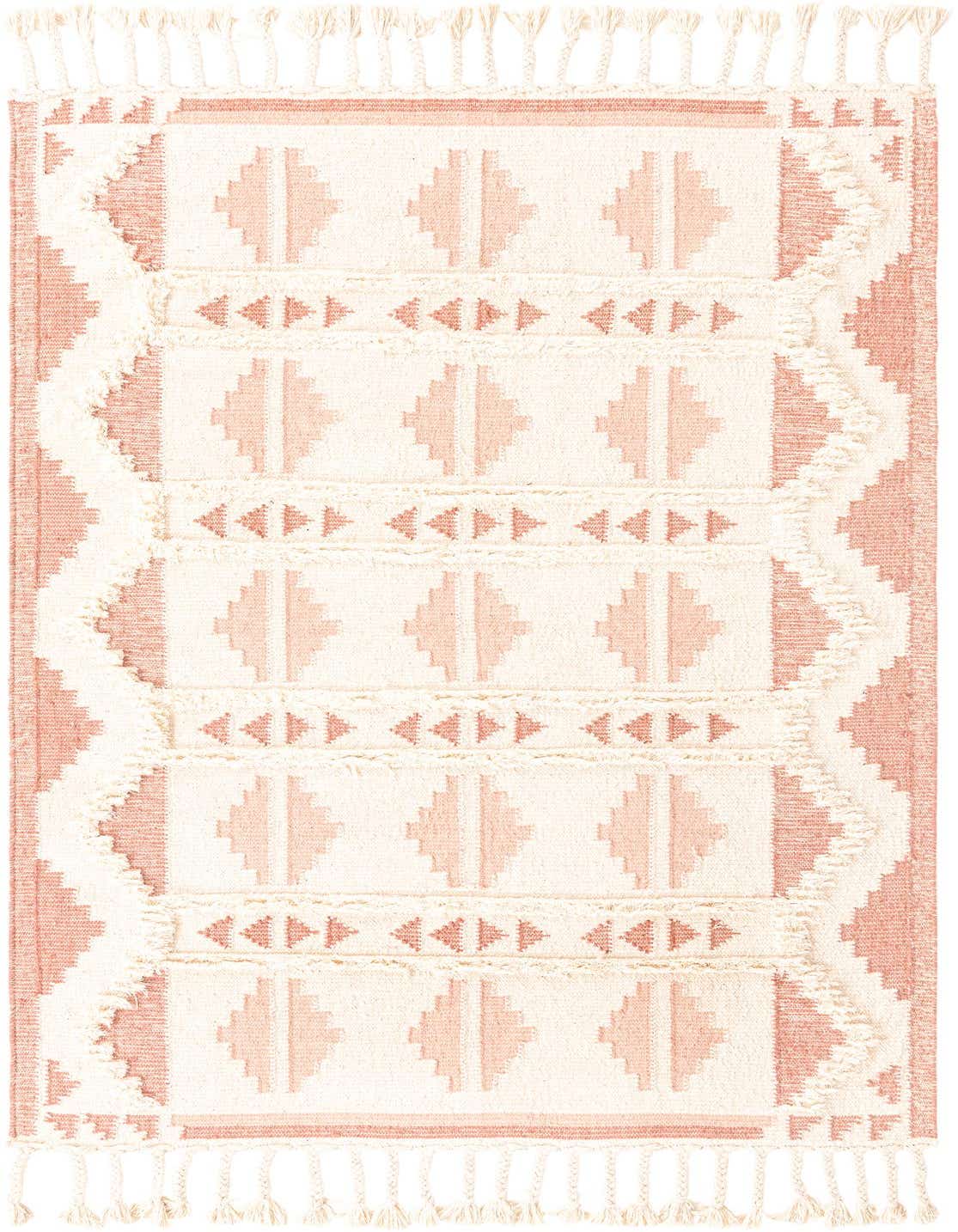 A 5x8 rectangular Arizona rug in pink and white, featuring a modern tribal pattern with shag texture and fringe.