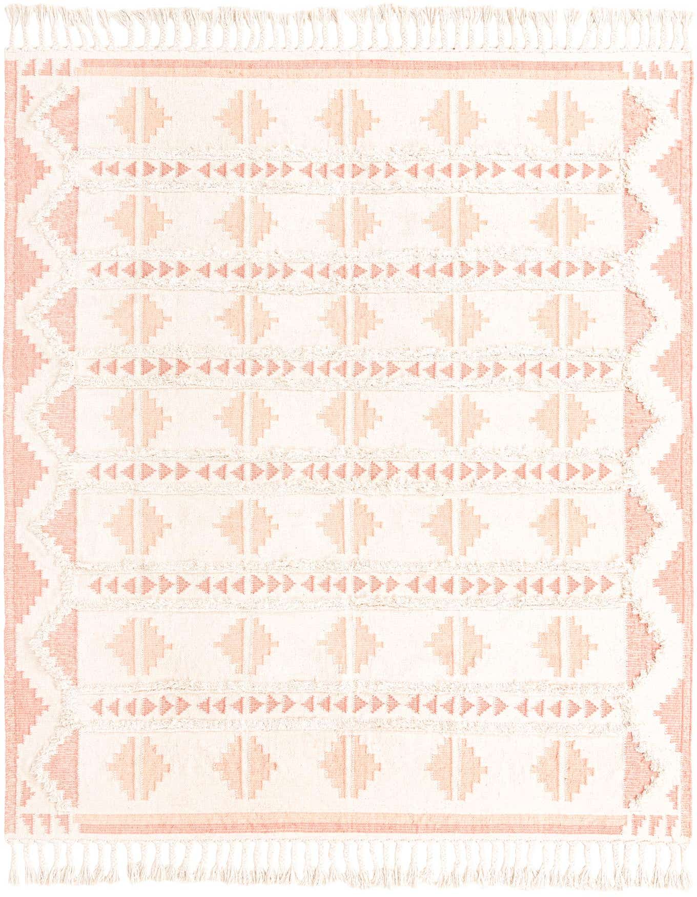 A 9x12 rectangular pink and white tribal shag rug with geometric patterns and fringe.