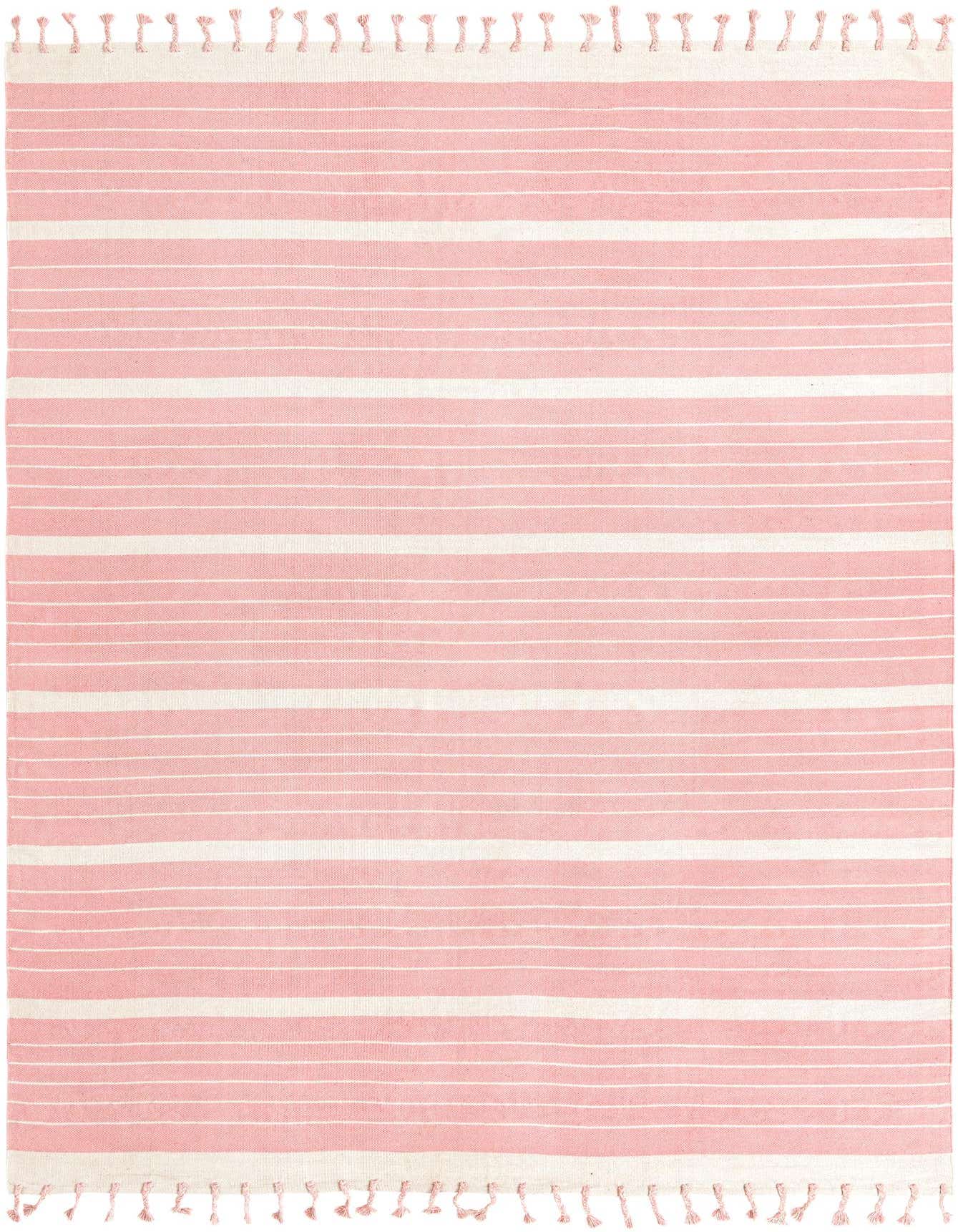 A 10x14 rectangular Chindi Cotton rug featuring wide pink and thin white horizontal stripes with white tassels at both ends.