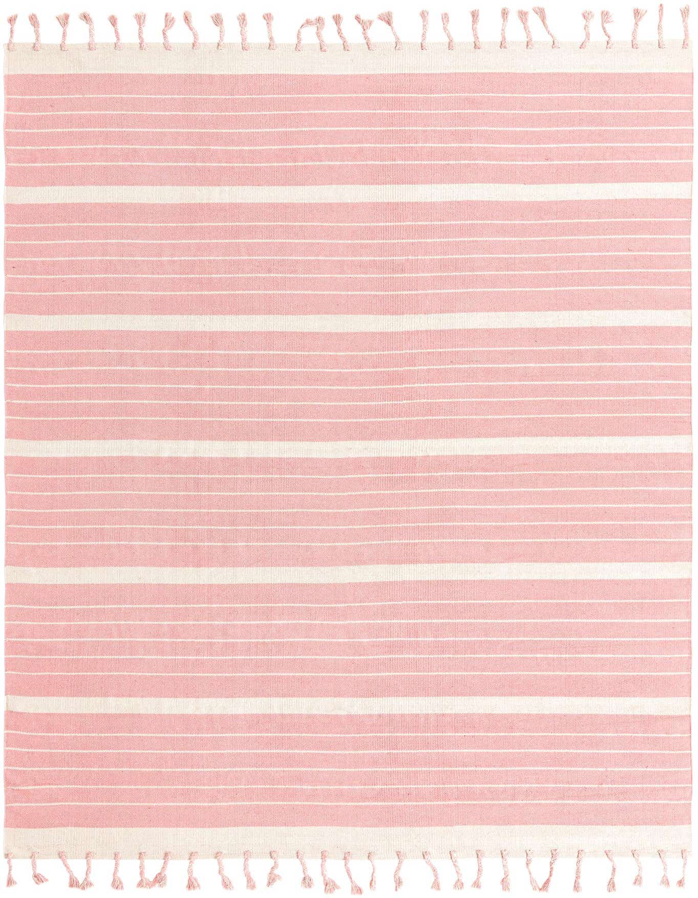A 9x12 rectangular pink and white striped flatweave cotton rug with tassels, perfect for a modern living room.