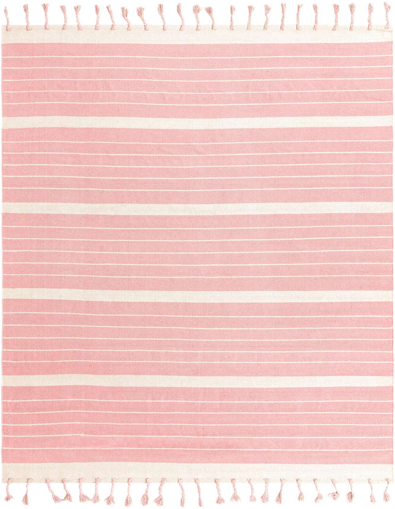 A rectangular 8x10 Chindi Cotton rug featuring wide and thin pink and white horizontal stripes with decorative tassels on the ends.