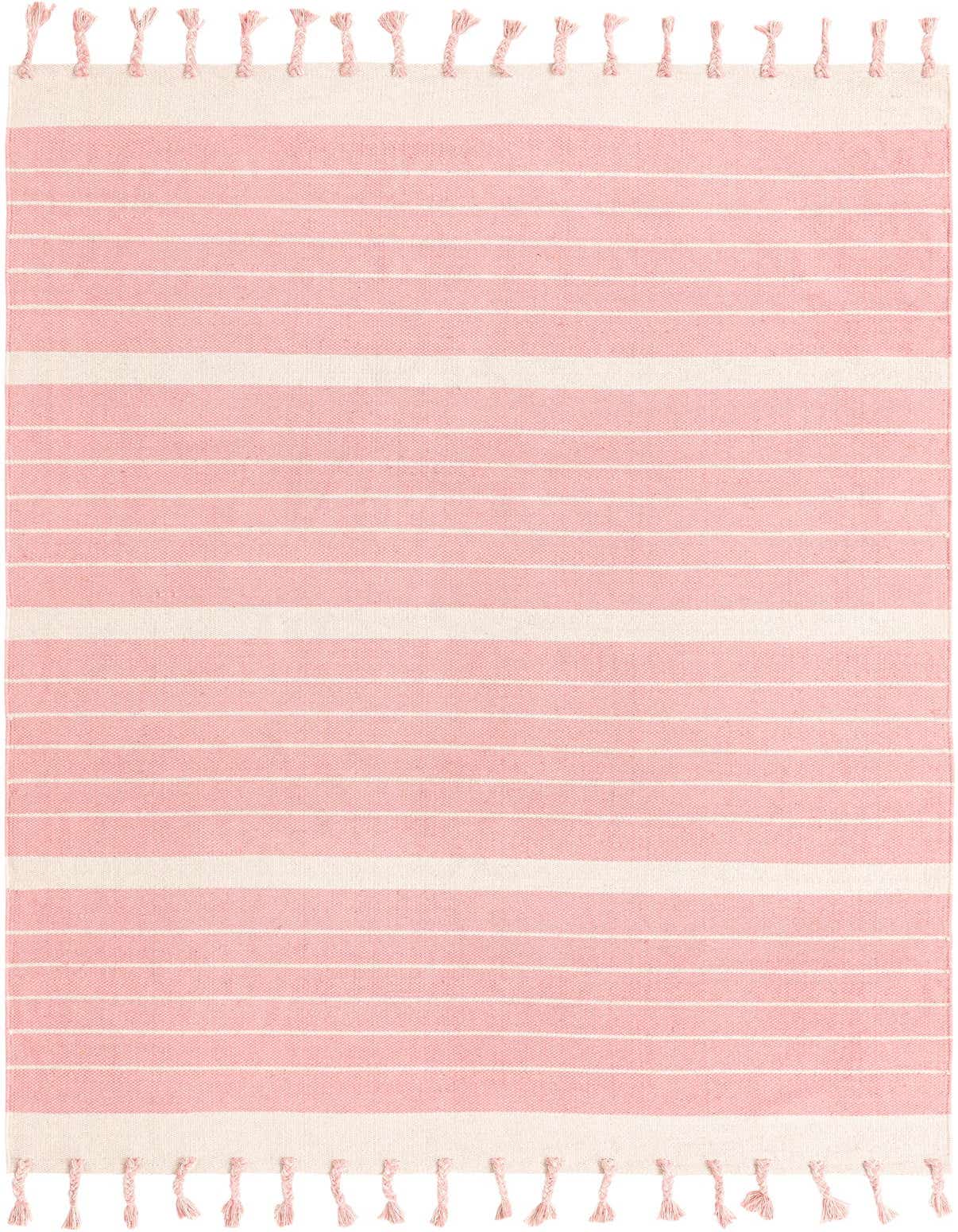 A 6x9 rectangular flatweave rug featuring wide and thin horizontal stripes in pink and white, with decorative tassels on the ends.