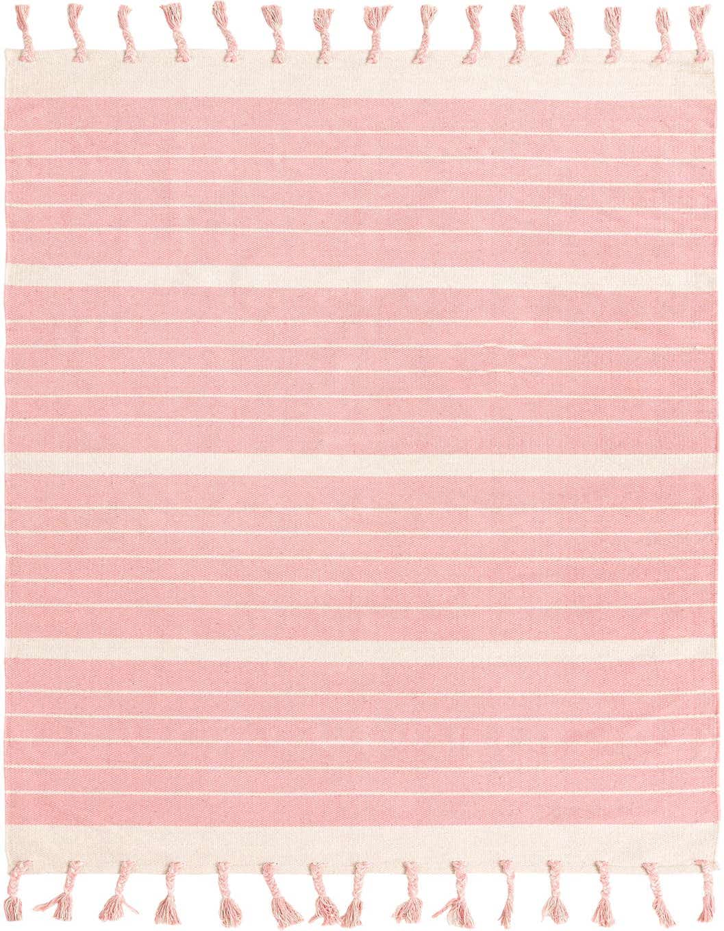 A 5x8 rectangular pink and white striped flatweave rug with tassels, suitable for a modern living room.