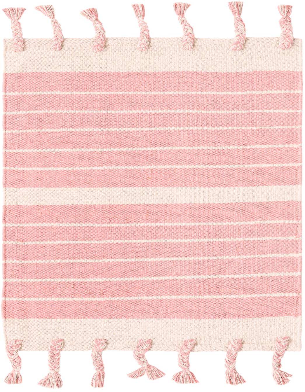 A 2x3 rectangular Chindi Cotton rug featuring alternating pink and white stripes with braided tassels on both ends.
