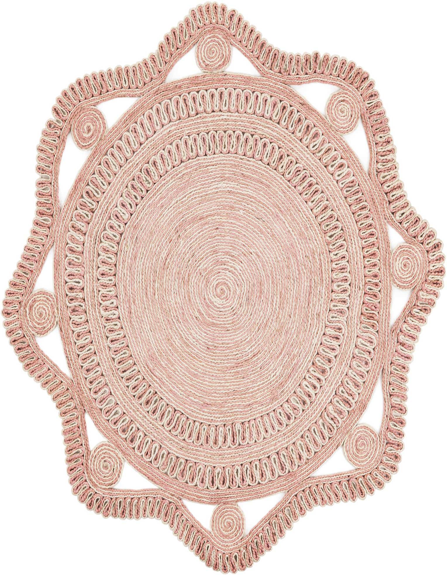 Rugs.com Braided Jute 5' 1 x 5' 1 Round rug in pink and white, featuring a textured, star-shaped border.