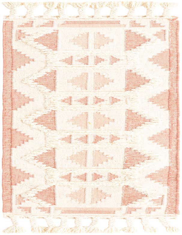 A 6 ft runner rug with a modern tribal pattern in pinks and whites, featuring shag texture and braided tassels.