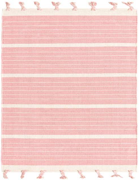 A 10 ft runner rug in pink and white stripes with braided tassels, showcasing a flatweave texture.