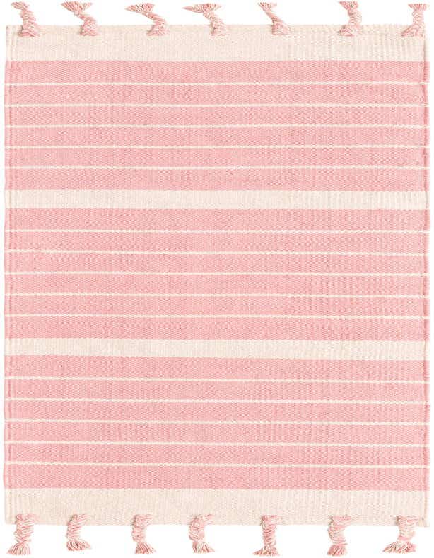 A 6 ft runner rug in pink and white stripes, featuring braided tassels at both ends, ideal for a hallway or kitchen.
