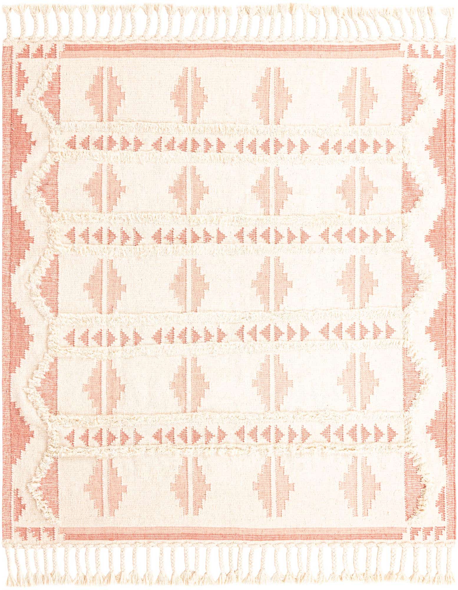 A square 8' x 8' Rugs.com Arizona tribal shag rug in pink and white, featuring geometric patterns and tassels.