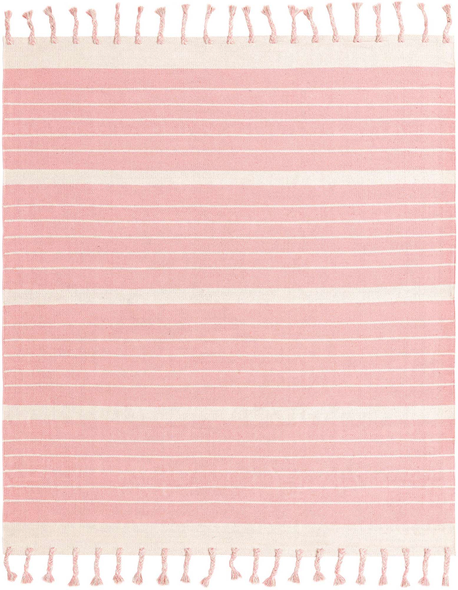 A 7' 1 x 7' 1 square Chindi Cotton rug in pink and white stripes with tassels, suitable for indoor spaces.
