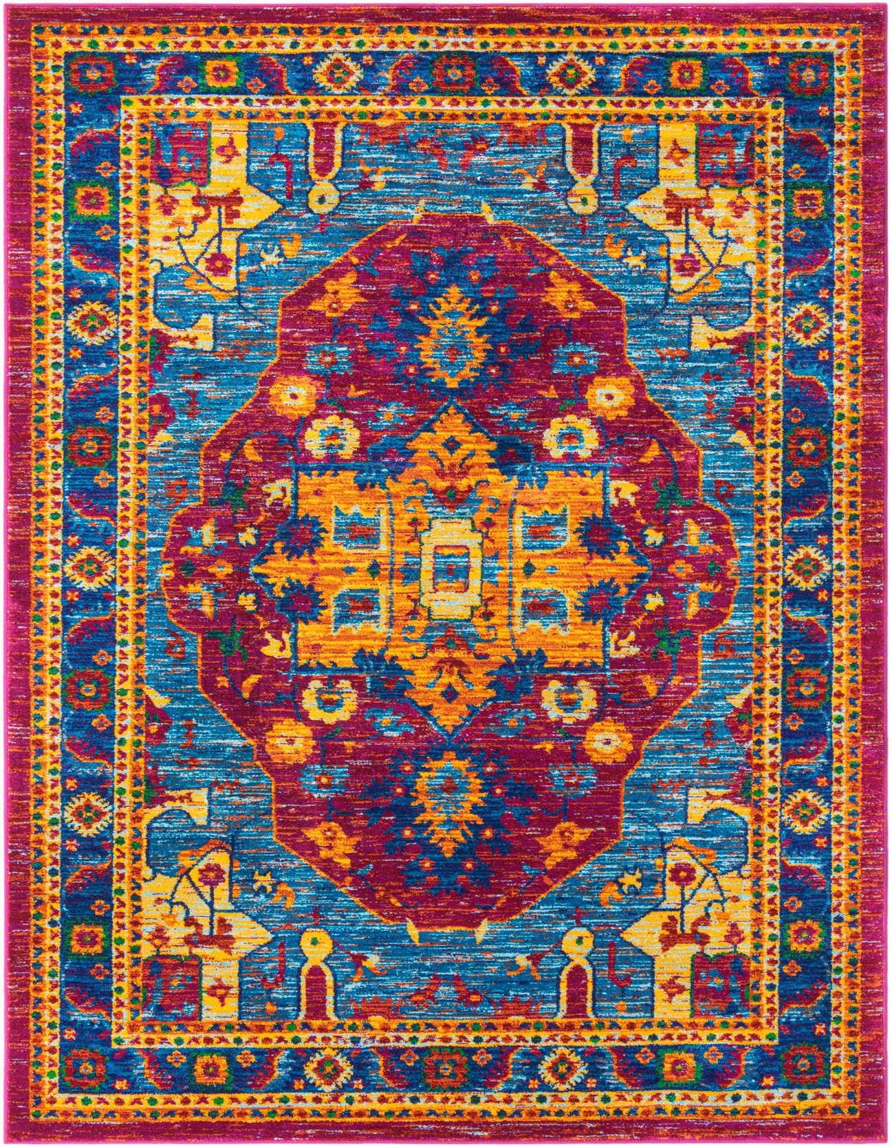 A vibrant 5x8 rectangular Calypso rug featuring a traditional medallion pattern in blues, pinks, and gold.