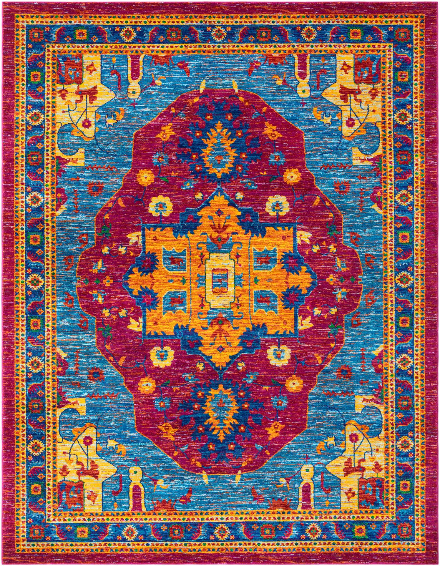 A vibrant 9x12 rectangular Calypso rug featuring a traditional medallion pattern in blues, pinks, and oranges.