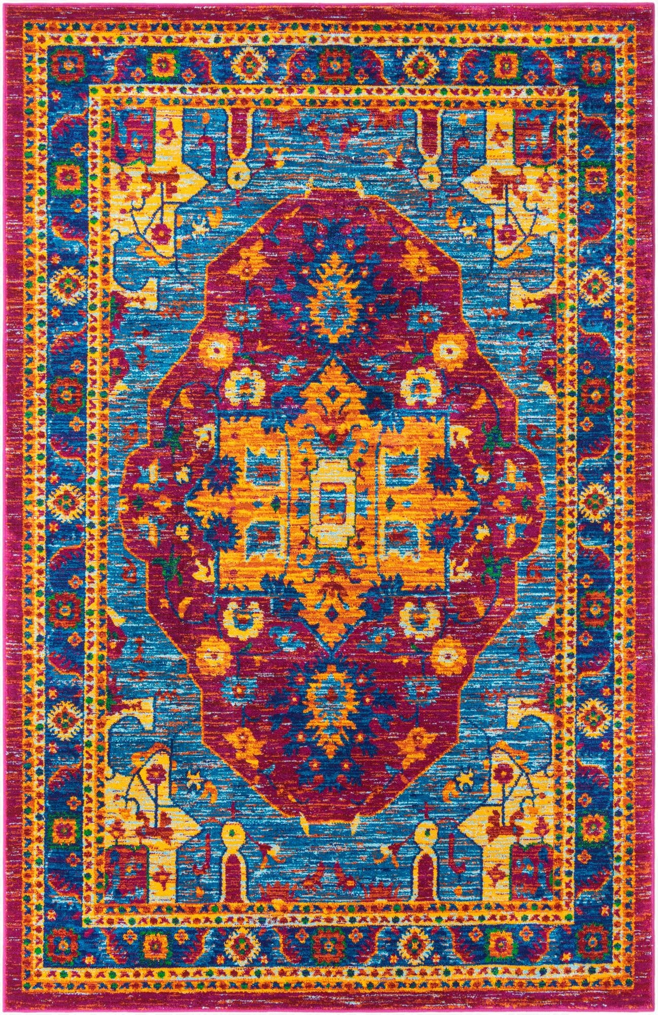 A vibrant 5x8 rectangular Calypso rug featuring a traditional medallion pattern in blues, pinks, and gold.