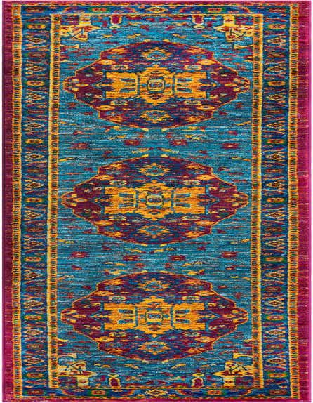 A vibrant 12 ft runner rug featuring a distressed Oriental medallion pattern in blues, pinks, and gold, ideal for a hallway.