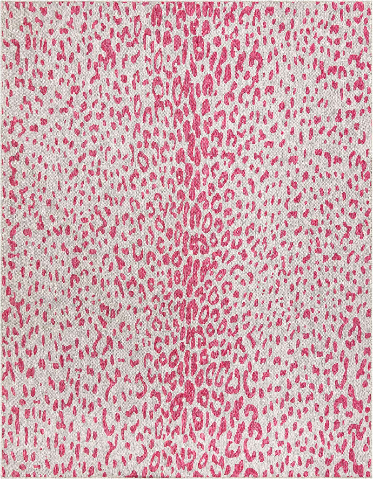 A 10x14 rectangular indoor/outdoor rug featuring a modern pink leopard print pattern on a gray background.