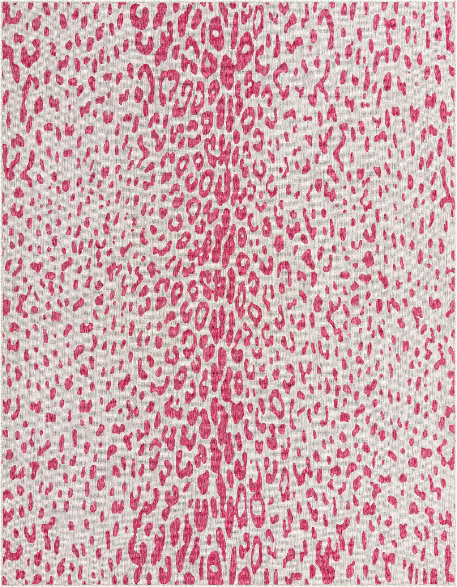 A 9x12 rectangular indoor/outdoor rug featuring a modern pink leopard print pattern on a light gray background.