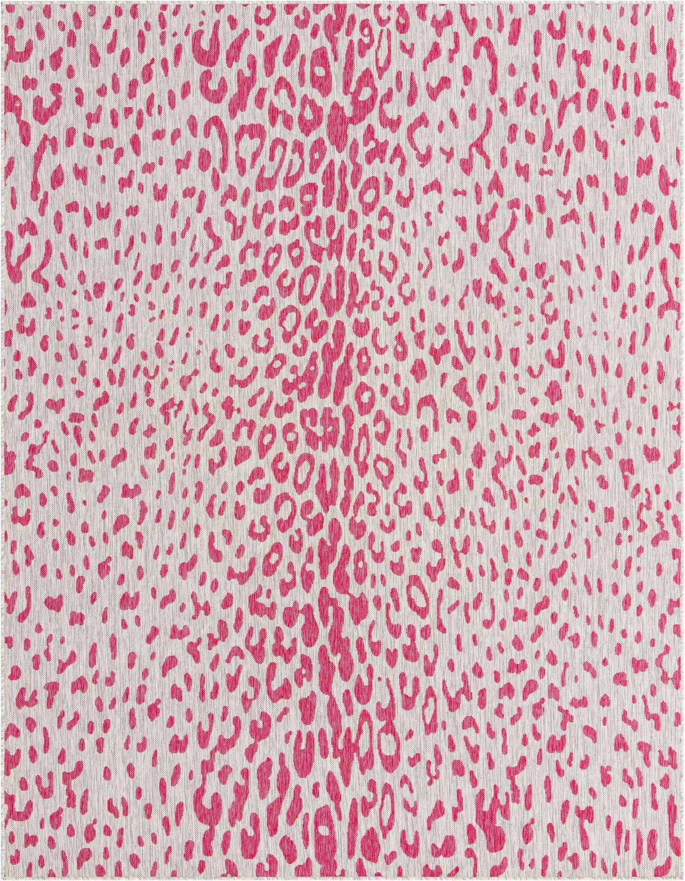 A rectangular 8x11 Rugs.com Outdoor Safari rug featuring a modern pink leopard print pattern on a gray background.
