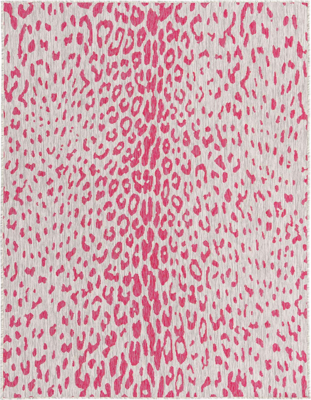 A 5x8 rectangular indoor/outdoor rug featuring a modern leopard print pattern in vibrant pinks and light grays.